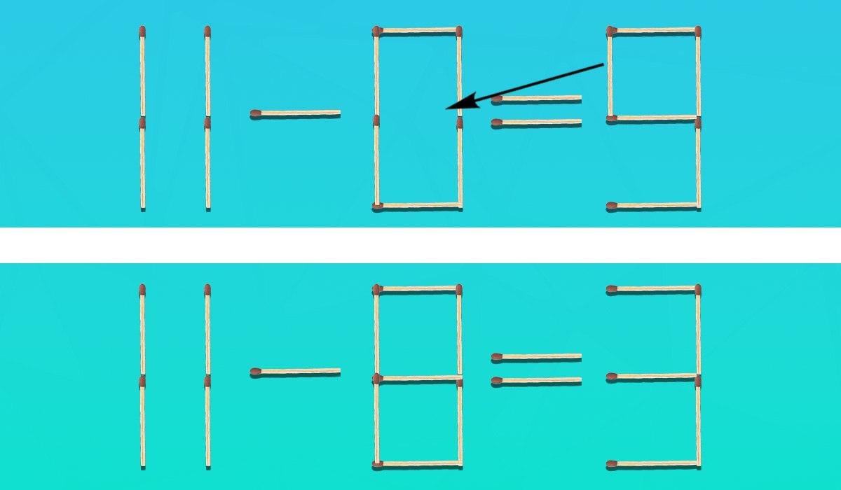 Εδώ μπορείτε να δείτε ποια σπίρτα πρέπει να μετακινηθούν προς τα πού για να γίνει η ισότητα σωστή / κολάζ Moje